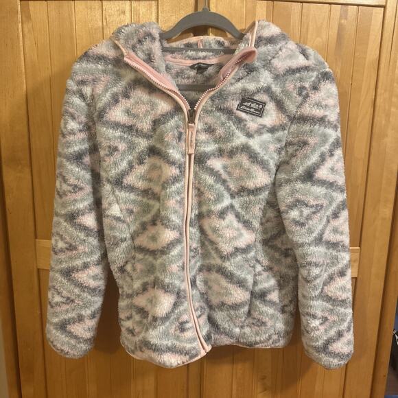 Eddie Bauer Sweaters - Eddie Bauer Jacket Girls Large 14-16 Pink Hooded Soft Geometric Art Sherpa Y2k
